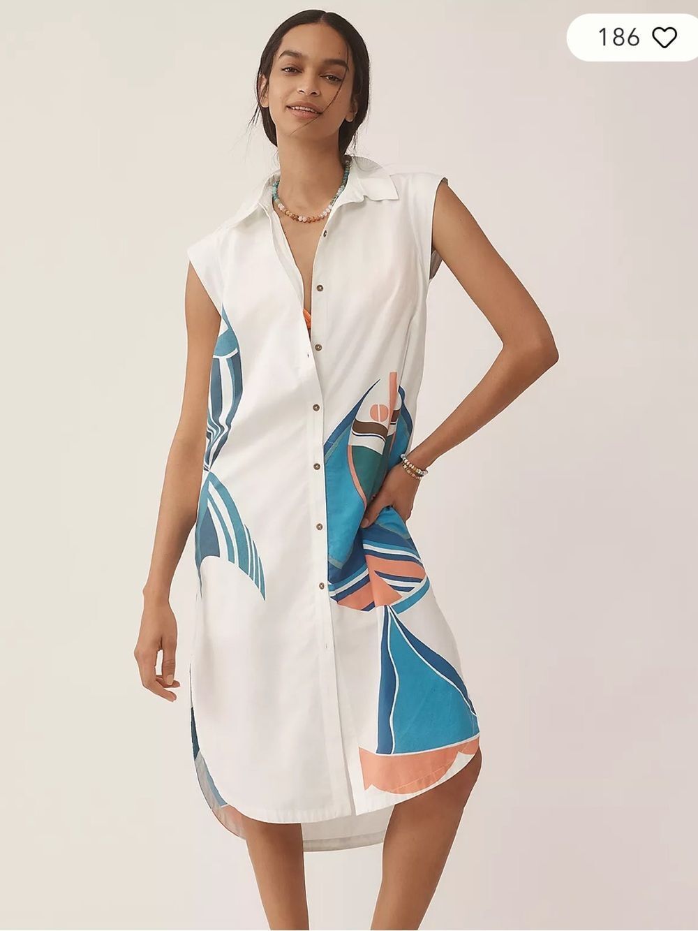 Maeve White Sleeveless Button-Front Maxi Dress with Blue and Coral Print